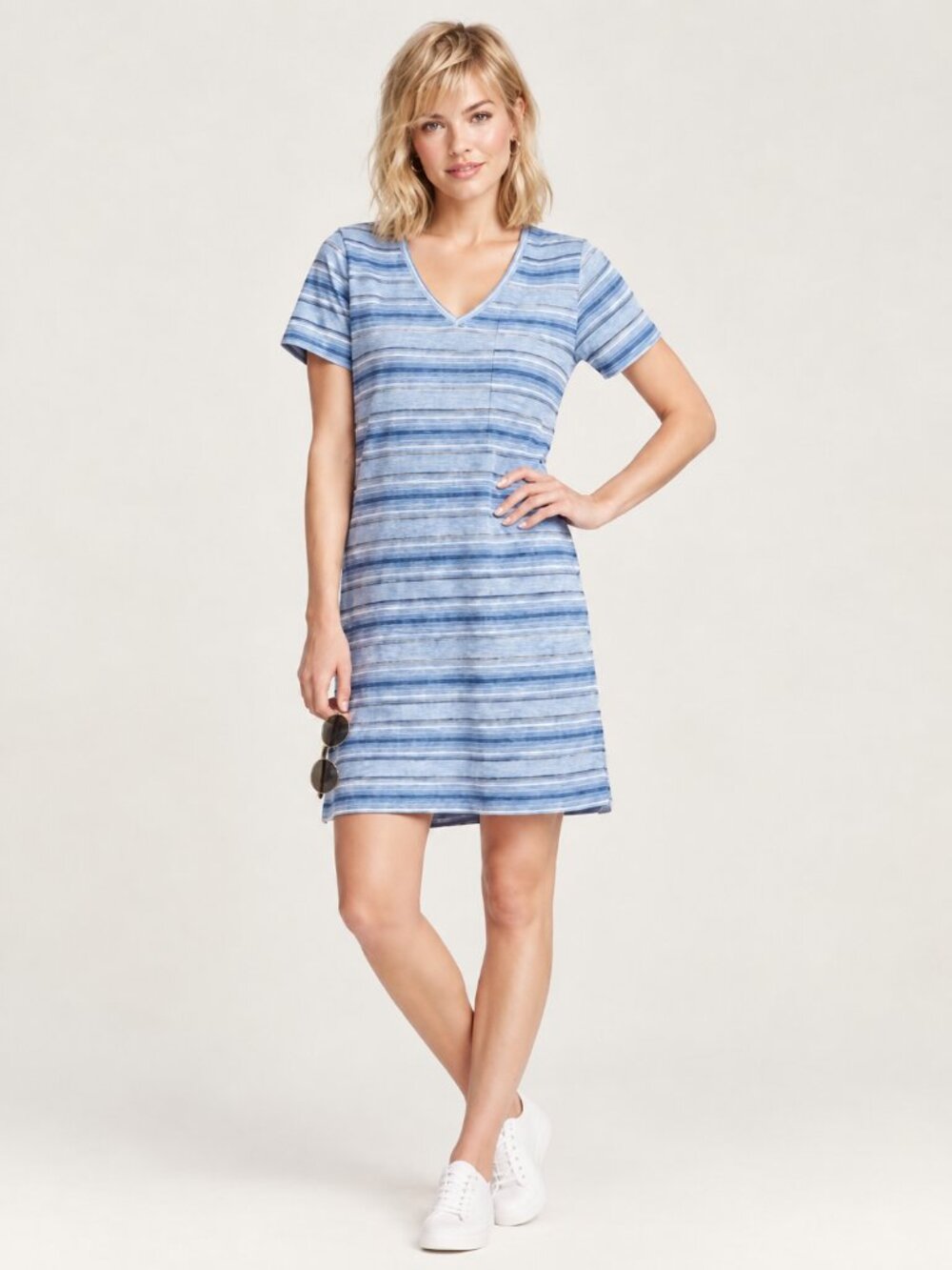 2/$30 Lands' End Striped V-Neck T-Shirt Shift Dress Blue Multi XL #A4785